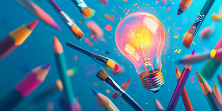 A vibrant background with floating, colorful pencils and brushes, surrounding a glowing lightbulb, symbolizing artistic creativity and innovation.の素材