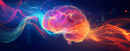 A vibrant background with colorful, swirling light trails and abstract, glowing shapes forming the shape of a brain to represent creative thinking.の素材