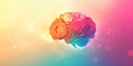 A vibrant conceptual design with gears inside a glowing brain, representing the mechanism of thought and creativity, set against a soft gradient background.の素材