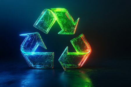 A vibrant recycling-themed background with a 3D icon in bright, neon green and blue, with abstract, glossy textures and dynamic light effects.の素材
