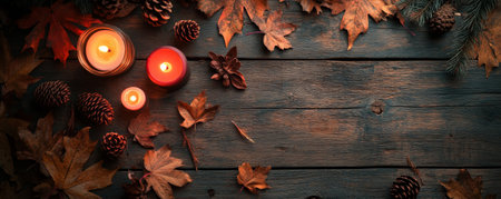 A rustic autumn background featuring a wooden table covered with leaves, pinecones, and candles, capturing the warm, cozy feel of the season.の素材