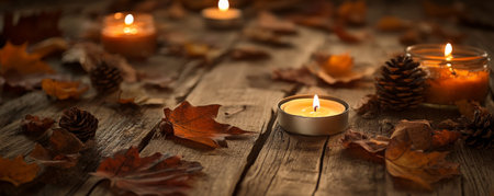 A rustic autumn scene with a wooden table, candles, and scattered leaves and pinecones, capturing the essence of the season with warm, earthy tones.の素材