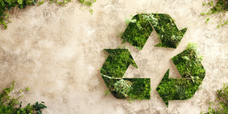 A serene, eco-themed background with a recycling symbol composed of soft, green moss and natural textures, set against a smooth, light beige canvas.の素材
