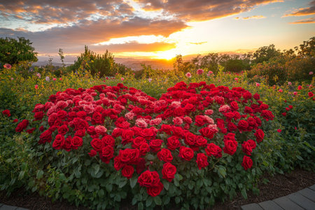 A romantic heart-shaped flower bed of blooming roses in shades of red and pink, surrounded by soft green vines and leaves, under a gentle sunset sky.の素材