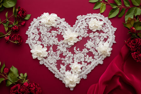A romantic design with a heart-shaped arrangement of delicate, white lace on a deep burgundy background, creating a luxurious and classic feel.の素材