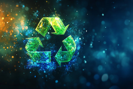 A vibrant recycling-themed background with a 3D icon in bright, neon green and blue, with abstract, glossy textures and dynamic light effects.の素材