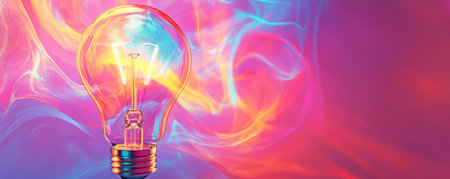 A lightbulb made of abstract, glowing shapes and swirling neon colors, floating against a smooth gradient background, symbolizing innovation.の素材