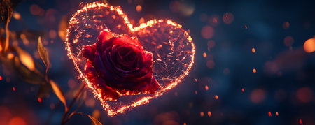 A glowing heart-shaped rose made of shimmering petals in deep red, with a soft light source illuminating the design from behind.の素材