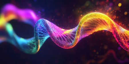A glowing DNA strand made of abstract, swirling ribbons of light in vibrant rainbow colors, floating in a soft-focus, dark background.の素材