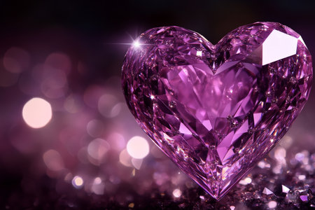 A love-themed background with a radiant heart composed of sparkling diamond textures on a deep purple backdrop, creating a glamorous and elegant effect.の素材