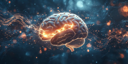 A conceptual design featuring a glowing brain connected to swirling lines of light and bright particles, symbolizing the birth of innovative ideas.の素材