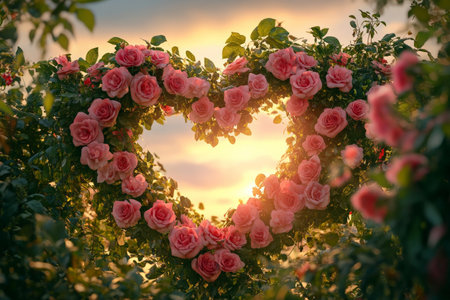 A romantic heart-shaped flower bed of blooming roses in shades of red and pink, surrounded by soft green vines and leaves, under a gentle sunset sky.の素材
