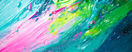 A vibrant burst of neon paints in electric green, pink, and blue, with a glossy, high-shine finish that enhances their brightness and creates a dynamic visual.の素材