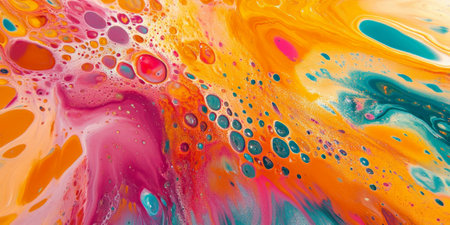 A vibrant burst of paints in bright colors like orange, pink, and turquoise, with a high-gloss texture that enhances the vividness and energy of the colors.の素材