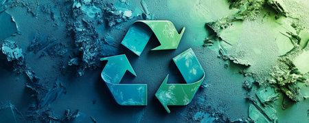 A vibrant background with a 3D recycling symbol in shades of blue and green, surrounded by dynamic, abstract shapes and textures to highlight sustainability.の素材
