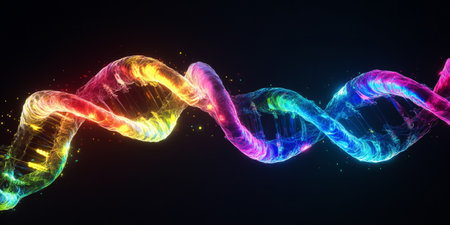 A glowing DNA strand made of abstract, swirling light ribbons in vibrant rainbow colors, floating against a sleek black backdrop.の素材