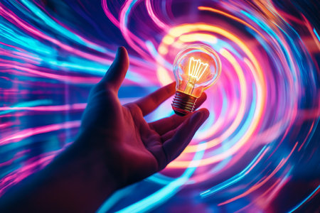 A human hand reaching for a glowing lightbulb surrounded by swirling lines of neon light, symbolizing an inspiring idea, on a sleek, futuristic backdrop.の素材