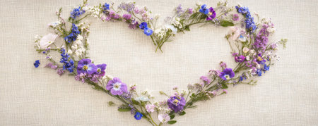 A delicate heart-shaped design of wildflowers in soft purples, blues, and whites, arranged in a circular pattern on a natural linen background.の素材
