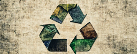 A conceptual design with a large recycling icon made of overlapping, textured fabric in shades of green and brown, set against a neutral, matte background.の素材
