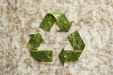 An eco-conscious background featuring a large recycling symbol composed of hand-drawn, green doodles on a textured, off-white canvas for a creative feel.の素材