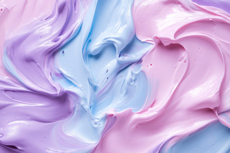 Liquid paints in soft pastel colors of pale pink, lavender, and baby blue, swirling with a matte texture to create a smooth, calming atmosphere.の素材