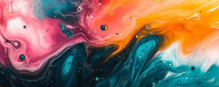 Liquid paints in vibrant tropical colors like teal, orange, and fuchsia, swirling together with a high-gloss finish that enhances their intensity.の素材