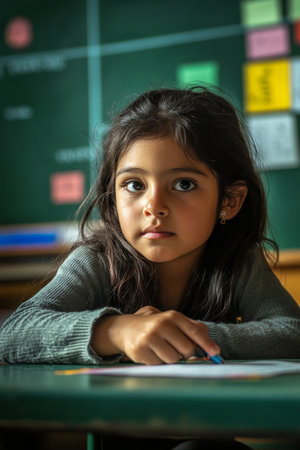 Hispanic girl working diligently on math problems in a classroom with educational posters and a green chalkboard.の素材