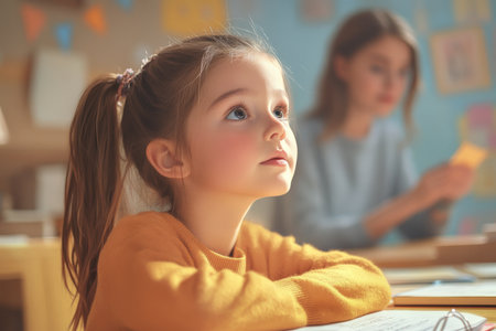 Caucasian girl studying attentively while her teacher gives a lesson in the background of a cozy, colorful classroom.の素材