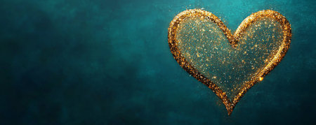 An elegant love symbol background with a large, gold heart outlined in sparkling glitter, set against a smooth, dark teal backdrop for a glamorous effect.の素材