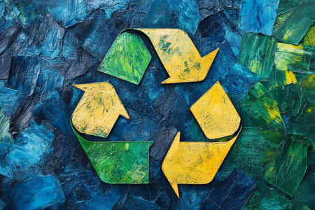 An eco-themed background with a recycling symbol formed from colorful, overlapping geometric shapes in green, blue, and yellow, with a textured canvas.の素材