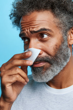 African American middle-aged man using facial oil blotting paper on his nose. The blue background adds a calm, clean vibe to his skincare routine.の素材
