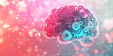 A vibrant conceptual design with gears inside a glowing brain, representing the mechanism of thought and creativity, set against a soft gradient background.の素材