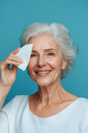 Caucasian senior woman applying oil blotting paper, smiling as she maintains her clean, glowing skin. The blue background adds a calming effect to her skincare portrait.の素材