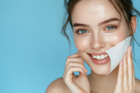 Close-up of a smiling Caucasian young adult woman using facial oil blotting paper on a blue background. Her natural makeup and glowing skin highlight the effectiveness of the beauty product for oil absorption.の素材