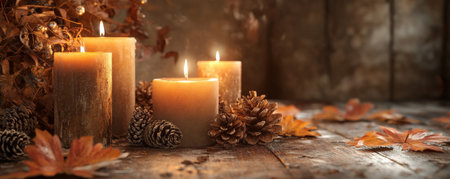 A rustic autumn scene with a wooden table, candles, and scattered leaves and pinecones, capturing the essence of the season with warm, earthy tones.の素材