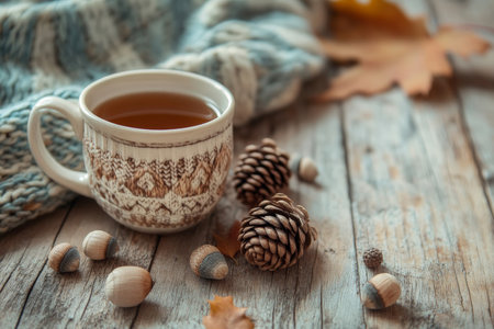 A warm autumn scene with a cozy blanket, a cup of tea, and scattered acorns and pinecones, set on a rustic wooden table, capturing the essence of the season.の素材