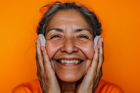 Hispanic senior woman smiling as she pats her face with oil blotting paper. The orange background highlights her glowing, healthy skin.の素材