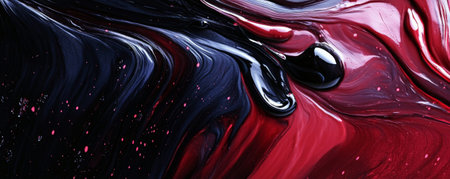Liquid paints in deep, dark colors of black, burgundy, and navy, flowing together with a glossy, high-shine texture for a mysterious, elegant design.の素材