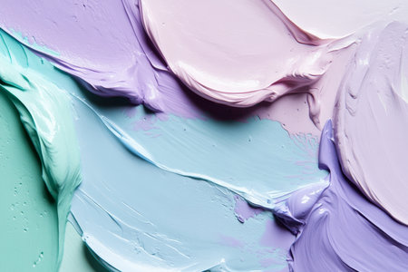 Liquid paints in soft, pastel colors of lavender, pale blue, and mint green, blending smoothly with a matte texture for a calming, delicate look.の素材