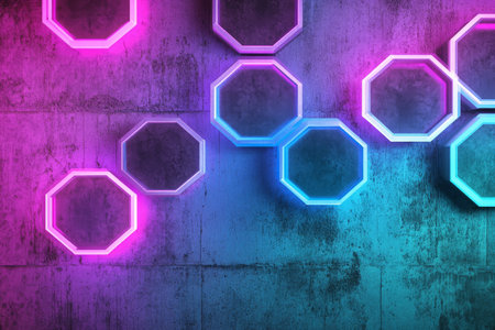 Neon hexagons in a subtle, frosted effect, glowing in bright cyan and purple over a textured concrete background. The cool tones add a modern, industrial touch.の素材