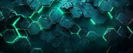 Neon hexagons with a cracked stone texture, illuminated in green and blue, set against a grungy dark background with soft glowing reflections.の素材