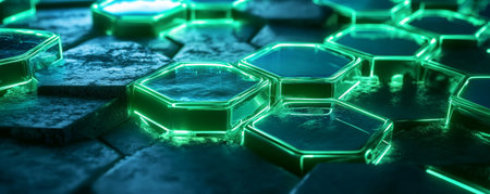 Neon hexagons in vivid green and blue, with a liquid-like reflective surface. The background is textured as rough concrete, creating a contrast between light and shadow.の素材