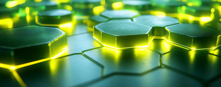 Neon hexagons glowing in green and yellow, with a textured rubber surface, floating over a shiny metallic background with strong reflections.の素材