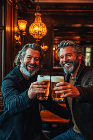 Middle-aged Caucasian man and his friend happily toasting with beer pints in a classic pub with rich wood paneling.の素材