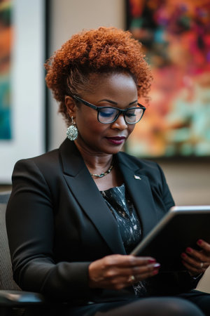 Middle-aged African American businesswoman engaging with her tablet in a stylish, creative workspace.の素材