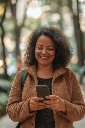 Middle-aged Brazilian woman smiling while texting on her phone during a walk in the park.の素材