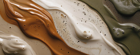 Liquid paints in soft, earthy tones of brown, olive, and tan, blending together with a matte finish for a natural, organic feel.の素材