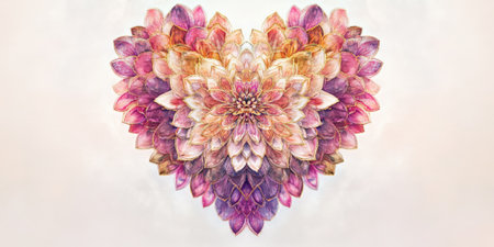 A heart-shaped floral mandala design, with intricate layers of petals in shades of pink, purple, and gold, set against a soft white background.の素材