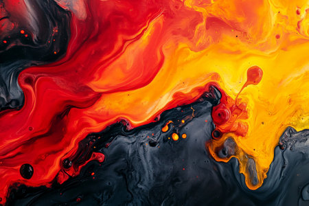 Liquid paints in fiery shades of red, orange, and yellow, swirling and merging with a glossy, high-shine surface that mimics the movement of molten lava.の素材