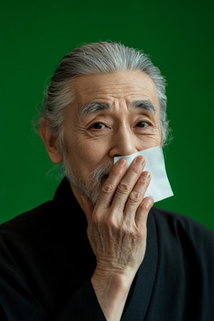 Japanese senior man gently patting his face with oil blotting paper, looking satisfied with the result. The green background contrasts his traditional look, representing self-care across all ages.の素材